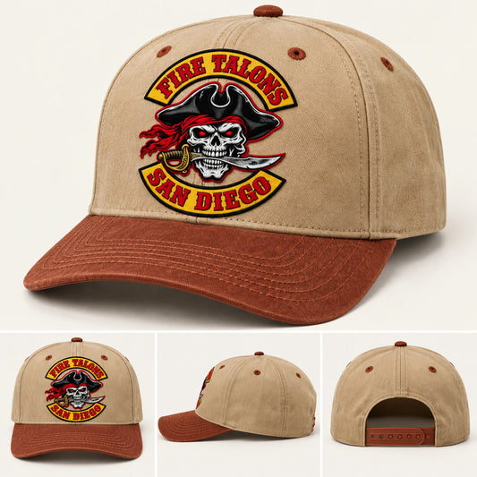 Vintage cream and brown pre-curved motorcycle club snapback hat with solid fabric rear panels.