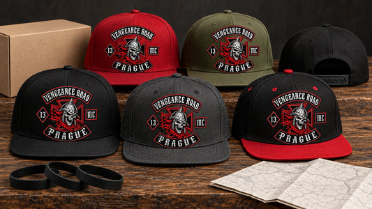 Custom motorcycle club snapback hats prepared for rallies, charity rides and anniversaries.