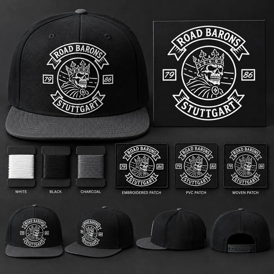 Motorcycle club snapback hat with approved design proof and decoration samples.