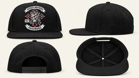 Complete motorcycle club snapback hat shown from front, side, rear and interior views.