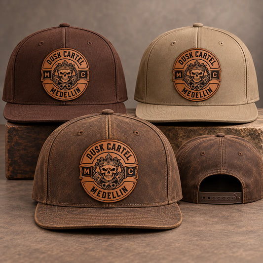 Tan, brown and khaki motorcycle club snapback hats with approved leather patches.
