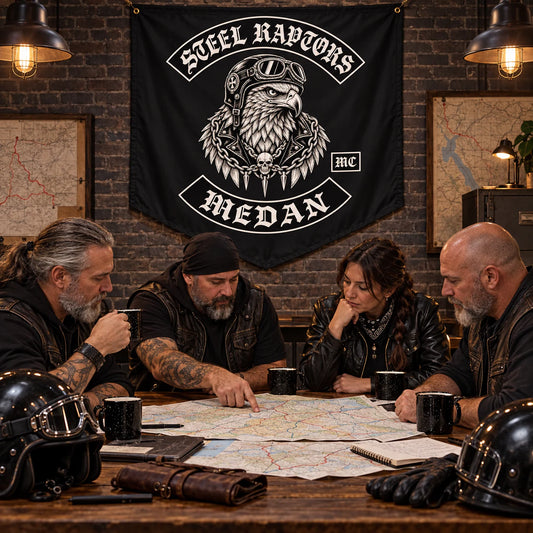 Club officers planning a ride beneath a custom swallowtail flag for a motorcycle club.
