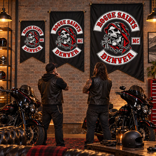 Club members comparing three custom swallowtail flag sizes for a motorcycle club.