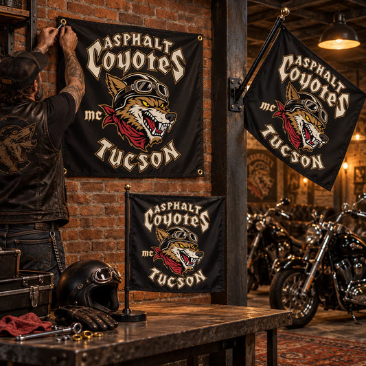 Wall, pole and event-stand hanging options for custom swallowtail flags for a motorcycle club.