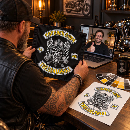 Club member reviewing a physical flag sample during a free design consultation for a motorcycle club.