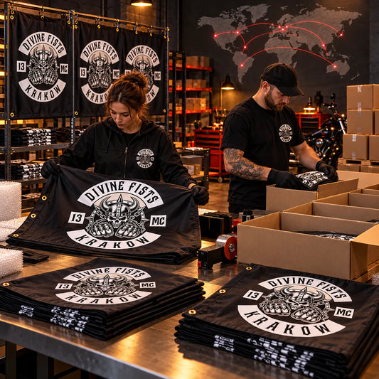 Bulk custom swallowtail flags being inspected and packed for worldwide shipping for a motorcycle club.