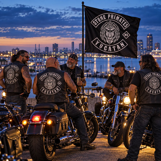 Regional motorcycle chapter gathered beside its portable swallowtail flag for a motorcycle club.