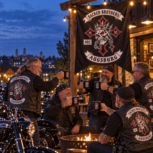 Motorcycle club members celebrating a milestone beneath a commemorative custom swallowtail flag.