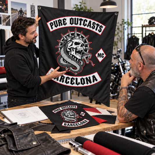 Designer presenting a custom motorcycle club swallowtail flag mockup and fabric samples.