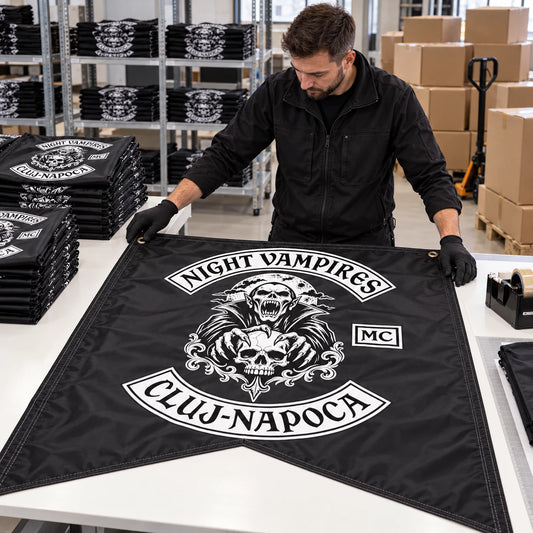 Quality inspector checking custom motorcycle club swallowtail flags before worldwide shipping.