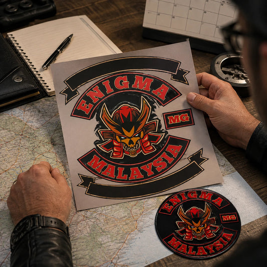 Anniversary ride organizer reviewing a custom club event sticker proof with chapter and date detail areas.