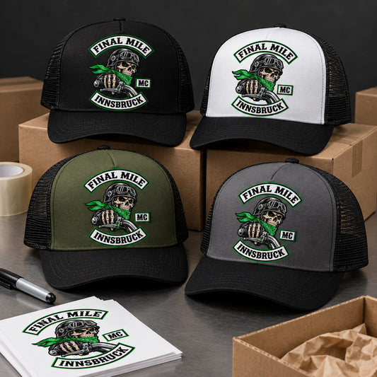 Finished motorcycle club trucker hats prepared for final inspection and delivery.