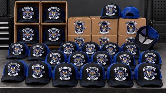 Bulk motorcycle club trucker hat order arranged for inspection and worldwide shipping.