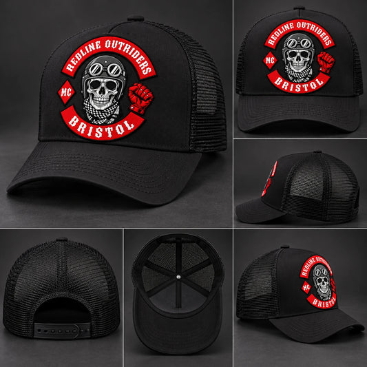Black six-panel motorcycle club trucker hat with curved brim and approved embroidered patch.