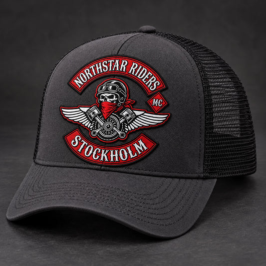 Charcoal five-panel motorcycle club trucker hat with a clean front panel and mesh back.