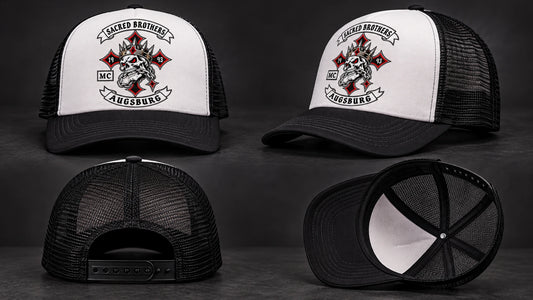 Complete motorcycle club trucker hat shown from front, side, rear and interior views.
