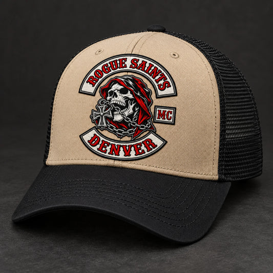 Black and tan two-tone motorcycle club trucker hat with approved club patch.