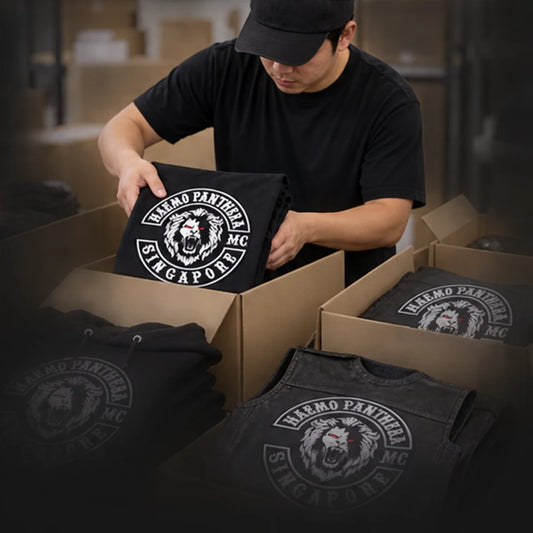 Custom club vests, jackets and apparel with an authorized motorcycle club logo finished and prepared for worldwide shipping