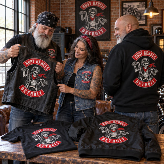 Motorcycle club members reviewing custom vests and apparel carrying an approved club logo inside a brick clubhouse.