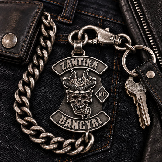 Custom motorcycle club wallet chain with solid logo medallion, clasp and durable metal links.