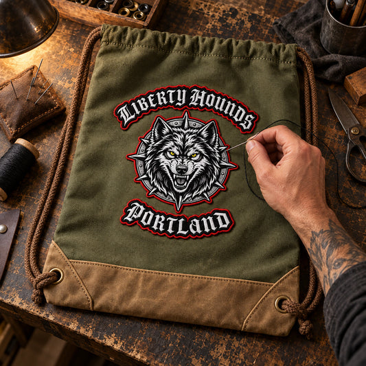 A Liberty Hounds motorcycle club patch is hand stitched onto an olive canvas drawstring bag.