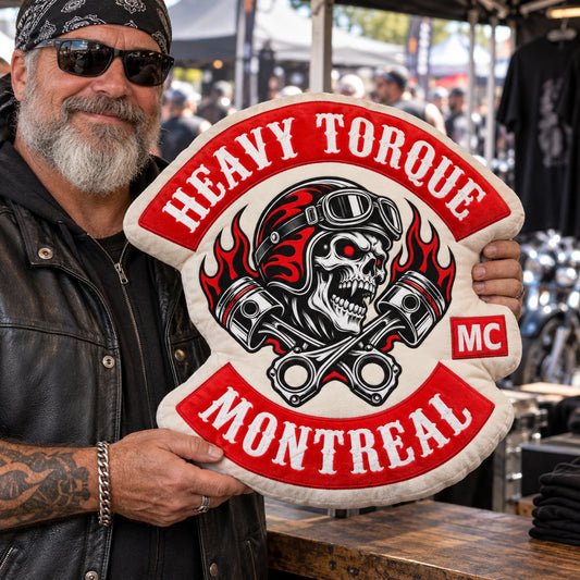 Custom-shaped motorcycle club pillow following the silhouette of approved club artwork.