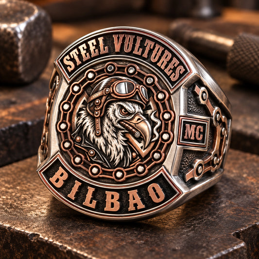 Custom-Shaped Rings designed from an authorized motorcycle club emblem in White Copper + Red Copper natural metal tones.
