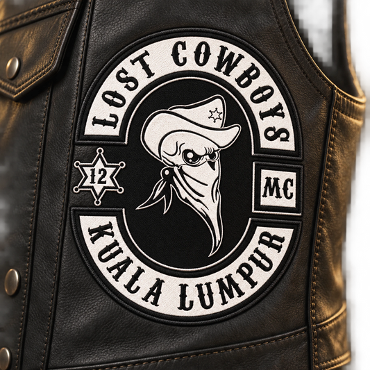 Solid curved side rocker sewn to leather shown for a custom motorcycle club patch system in vest side-panel close-up.