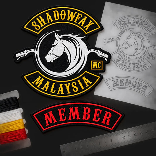 Custom size and shape matching shown as a custom motorcycle club membership patch product.