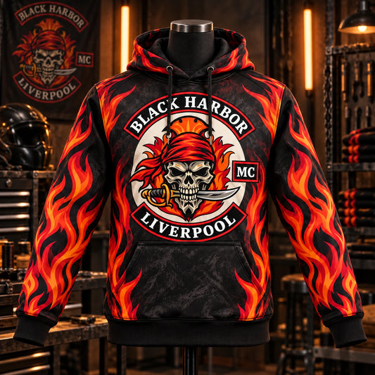 Single front view of a Black Harbor Liverpool motorcycle club hoodie with red and orange sleeve graphics.