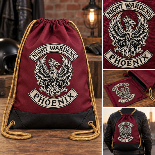 A raised motorcycle club emblem is embroidered onto a premium drawstring bag.