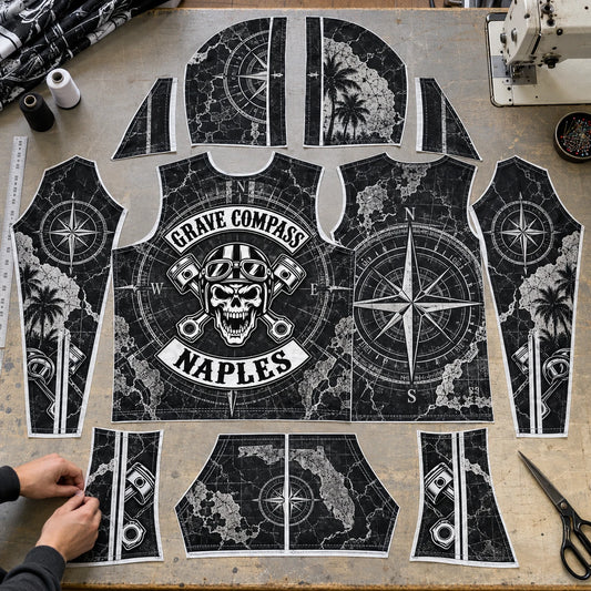 Edge-to-edge printed Grave Compass Naples motorcycle club hoodie panels arranged for cut-and-sew assembly.