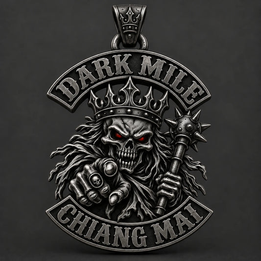 Dark Mile motorcycle club zinc alloy pendant shown with a dark gunmetal-tone finish direction.
