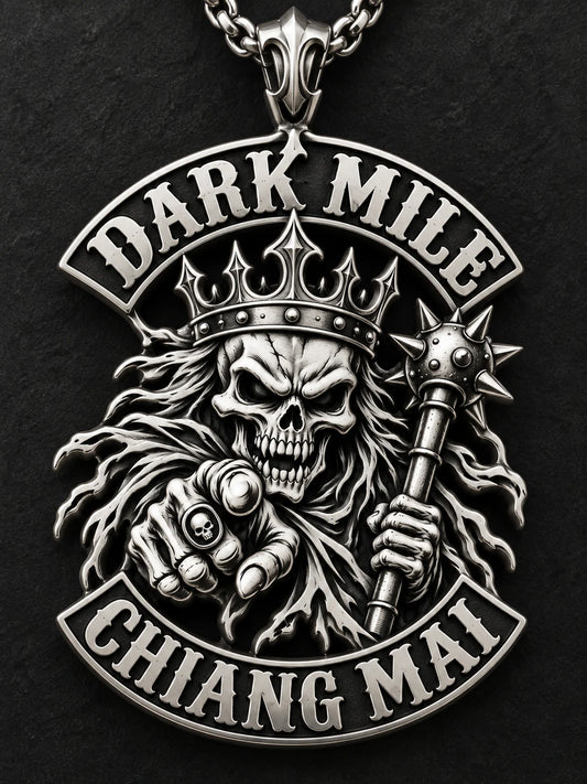 Dark Mile custom stainless steel motorcycle club pendant with deep dark-detail recesses and polished relief.