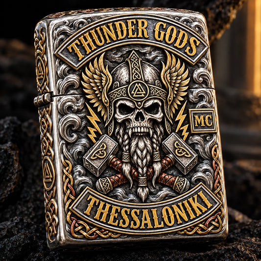 Deep-carved motorcycle club lighter built around an authorized emblem