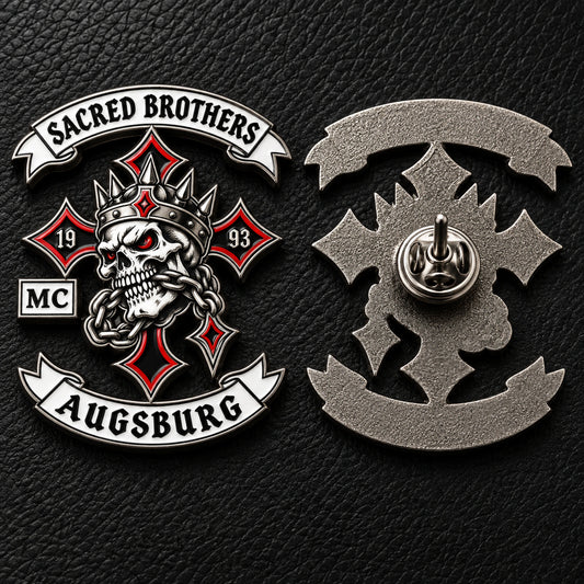 SACRED BROTHERS pin shown from front and back with a deluxe locking clutch.