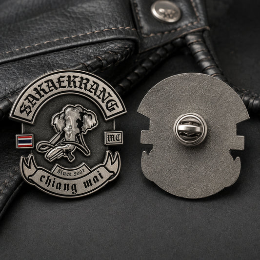 Antique silver 3D club pin shown front and rear with a deluxe locking clutch on thick leather.