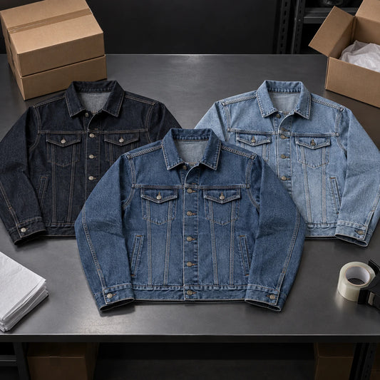 Finished blank motorcycle club denim jackets prepared for quality inspection and worldwide shipping.