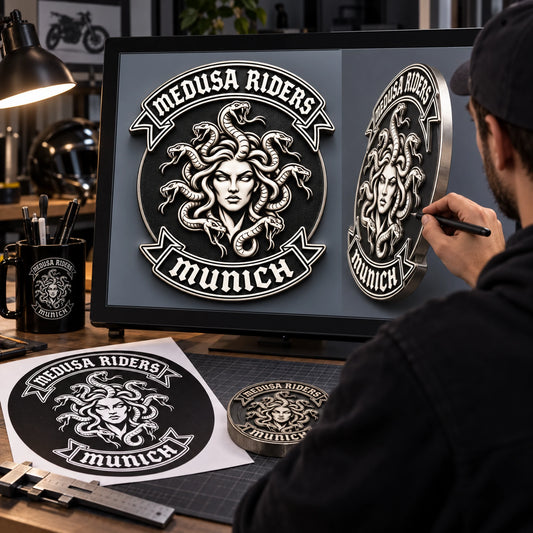Designer converting Medusa Riders Munich club artwork into a sculpted 3D pin model