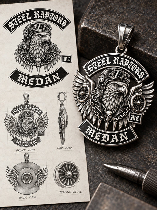 Step 1 — Send Your Club Artwork represented by a unique custom motorcycle-club pendant with complete chain and sculptural mixed-metal architecture.