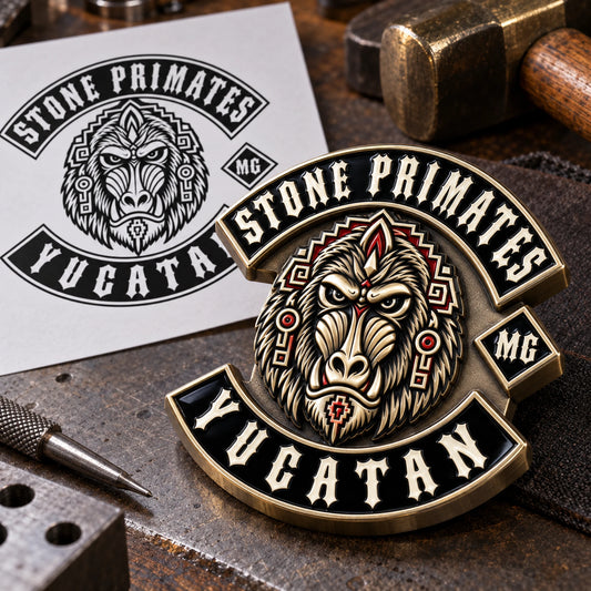 Flat Stone Primates Yucatan club artwork beside the finished color pin with rounded sculpted metal relief and recessed enamel