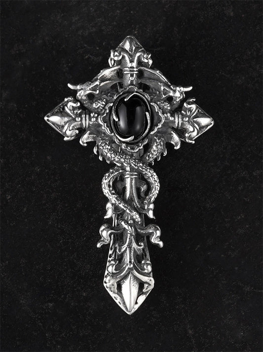 double dragon black onyx sterling silver cross pendant product view 1
