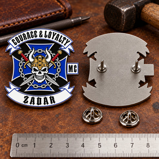 Wide COURAGE LOYALTY pin shown from front and back with two anti-rotation posts.