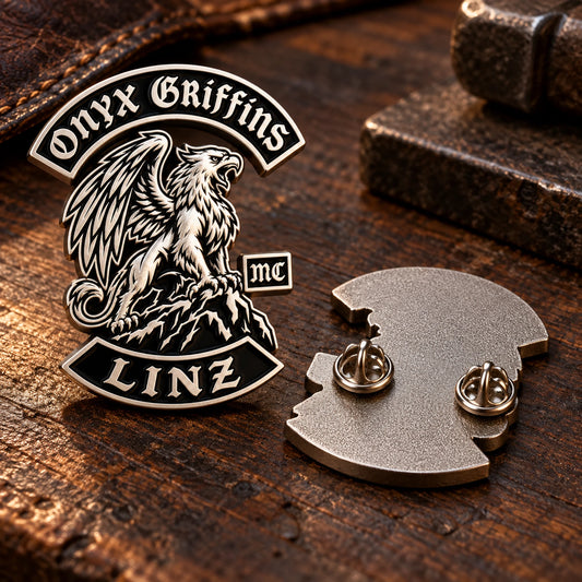 Onyx Griffins Linz custom 3D pin front and reverse showing a secure dual-post backing