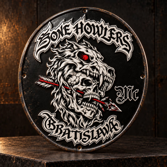 Embossed motorcycle club tin sign with raised lettering and pressed emblem details.