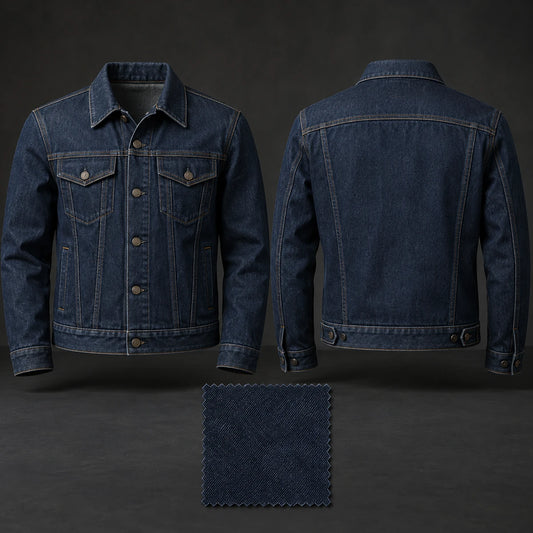 Blank indigo denim club jacket with a neutral embroidery test swatch.