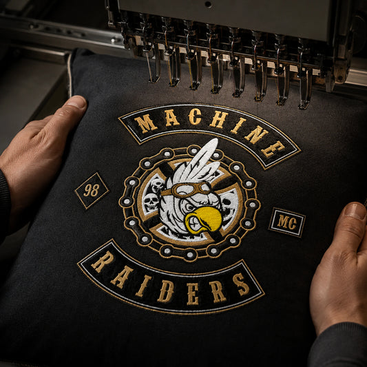Raised motorcycle club emblem embroidered onto a custom clubhouse pillow.