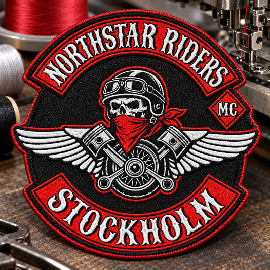Custom motorcycle club event patch featuring the northstar riders stockholm logo for raised embroidered construction.