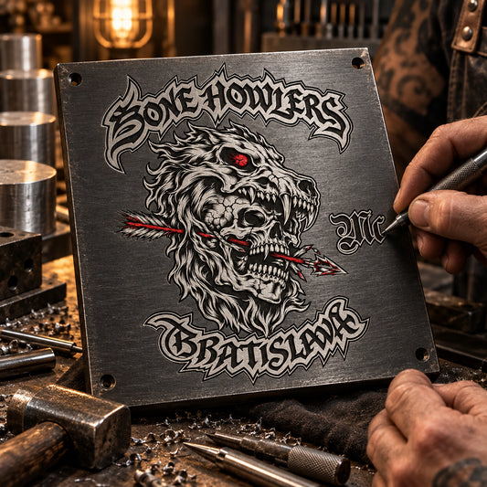 Engraved metal motorcycle club plaque with precise recessed details in a workshop.