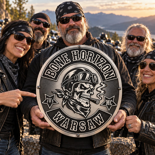 Annual club ride commemorative plaque beside parked V-twin motorcycles.
